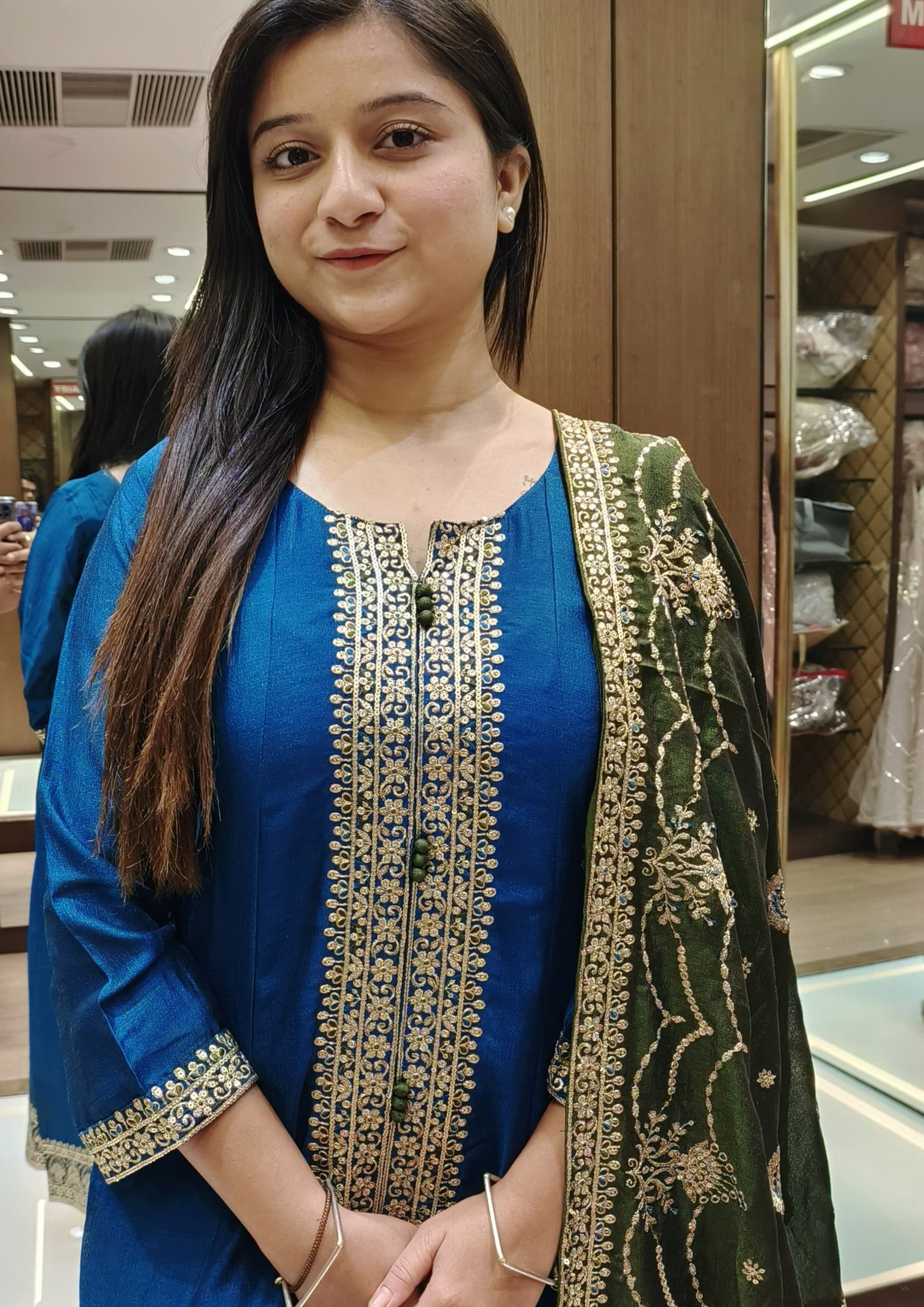 Royal Blue Embroidered Silk Straight Cut Readymade Suit